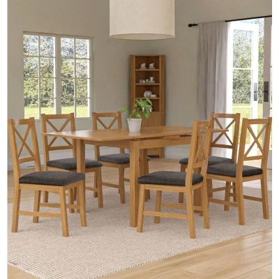 Image of Hallowood Furniture Waverly Extendable Dining Table and Chairs Set 6, Small Kitchen in Light Oak Cross Back Chair with Charcoal Grey Fabric Seat for Room, Lounge