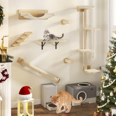 Image of YITAHOME 7PCS Wall Mounted Cat Climbing Shelves, Wooden Furniture, Tree with 3 Scratching Posts/4 Steps Stairway/Hammock/Cat Bed, 4 Platforms