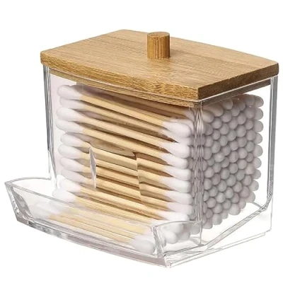 Image of Bamboo Lid Acrylic Cotton Swab Box Bathroom Vanity Countertop Storage Organizer Canister Jar For Swabs Rounds Balls Makeup Sponges Dispenser Desktop Bud Case
