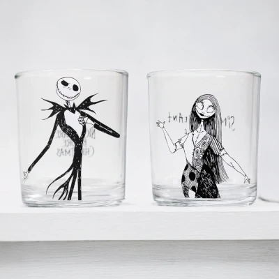 Image of Half Moon Bay Nightmare Before Christmas Drinking Glasses Glass Tumblers Featuring Jack Skellington &amp; Sally The Gifts Set of 2