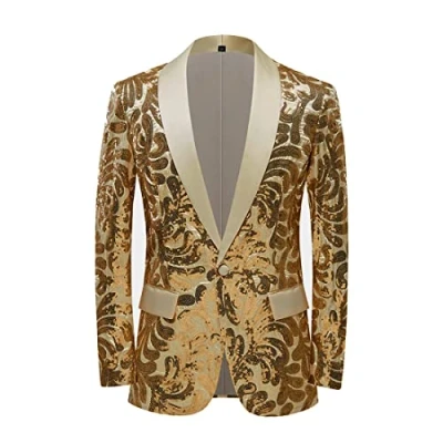 Image of PYJTRL Men Stylish Satin Face Sequins Floral Pattern Suit Jacket Blazer (Gold, 50)