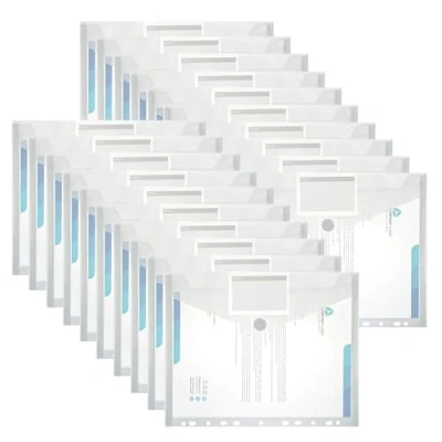 Image of ASelected 20 Pieces Document Pocket A4 Transparent Press Stud Folder Organising folders for documents with Perforated Edge Velcro Fastener and Label