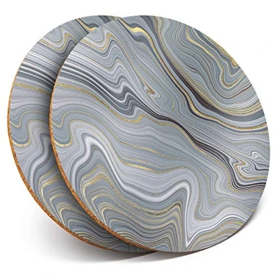 Image of 2 x Round Coasters Grey Marble Gold Stone Ink Art Cork Backed Home Kitchen Accessory Tea Coffee Mug Mat #21660