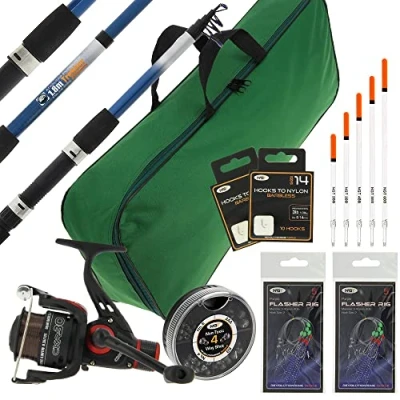 Image of DNA Leisure Travel Freshwater Sea Fishing Rod And Reel Setup With Hooks Floats Feathers Tackle Holdall 6ft 8ft 10ft (1.8)