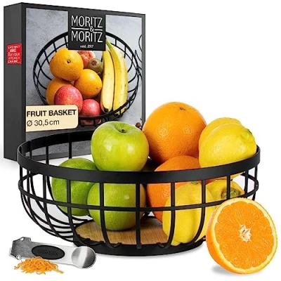 Image of Moritz &amp; Fruit Bowl in Black Metal 30.5cm Wire Basket for Gifts, Fruits, Vegetables and Bread