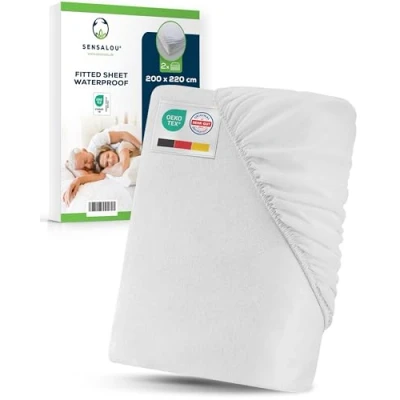 Image of Sensalou Waterproof Fitted Sheet 200 x 220 cm Set of 2 Large Mattress Protector for Extra King Bed Soft Cotton Surface Rustle Free Incontinence Cover Washable At 95 C Breathable &amp; Durable