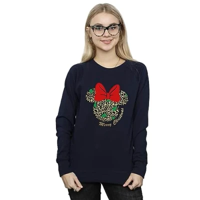 Image of Disney Women&#039;s Minnie Mouse Leopard Christmas Sweatshirt Navy Blue Large