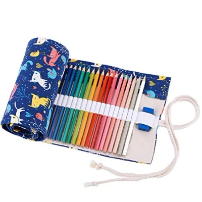 Image of Amoyie Canvas Pencil Bag Hand Roll Up Organiser Wrap for 72 Colored