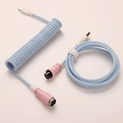Image of Coiled Cable With Detachable Aviator Connector USB C Double Sleeved For Custom Gaming Mechanical Keyboard (Color : Pink Plug Blue)