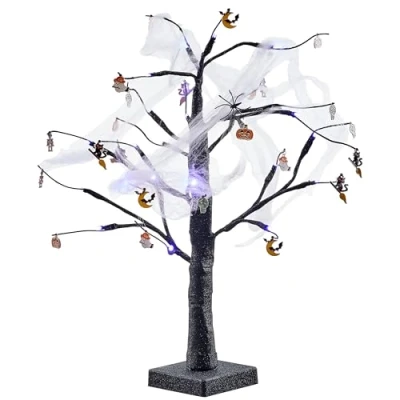 Image of THE TWIDDLERS 2 Pack 2FT Black Halloween Glitter Purple USB/Batter Powered LED Lights Spooky Spider Web with Hanging Twig Ornaments Party Decorations