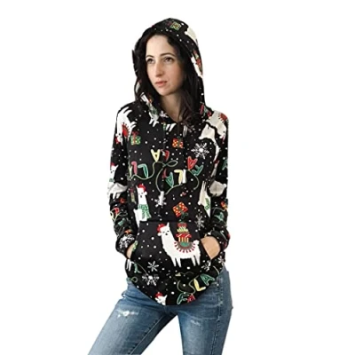 Image of True Face Ladies Christmas Pullover Hoodie Jumper Long Sleeve Slim Fit Hooded Top Xmas Print Sweatshirt Winter Gift for Women XS Black