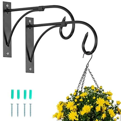 Image of NUPTIO 2 Pcs Hanging Basket Bracket Outdoor Plant Hooks, Black Fence Hooks for Baskets, Metal Garden Wall Hanger Brackets Plants Lanterns Bird Feeders