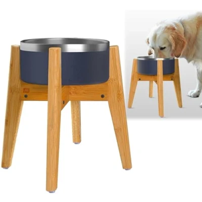 Image of Adjustable Dog Bowl Stand Raised, Elevated Food Holder Width (Extendable 7 10 Inches) Natural Bamboo
