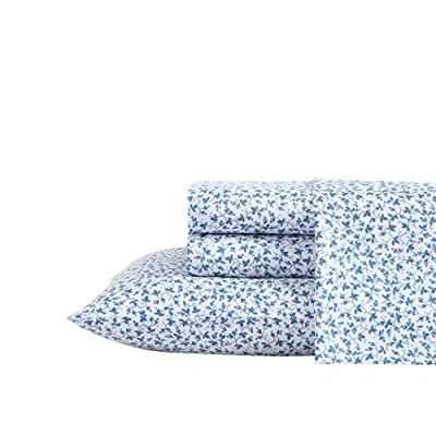 Image of Laura Ashley Home Queen Sheets, Soft Sateen Cotton Bedding Set Sleek, Smooth, &amp; Breathable Decor (Lavange Vine Indigo,4pcs, Queen)