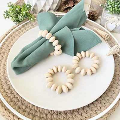 Image of Napkin Rings Set of 6 Wooden Beads Rustic Ring Holder for Table Decoration Handmade LEBEJUA with Wood &amp; Jute Twine Farmhouse Boho Style