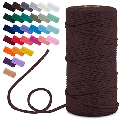 Image of Uiopa Macrame Cord 3mm x 100m, Single Strand Yarn Thick Thread Natural Cotton Cord, Coloured Craft String for DIY Crafts, Wall Hanging, Plant Hanger, Tassels (Brown)