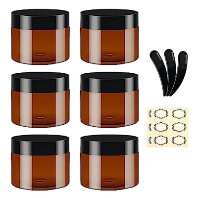Image of 6Pcs, 100ML Empty Amber Plastic Jars With Black Lids, 3 Spatula &amp; 6 Label Apstaqeoo Round Cosmetic Containers Refillable Travel Slime for Lotion Ointments Creams Gel Storage