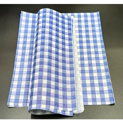 Image of 1000 x Blue Gingham Greaseproof Paper Sheets 25cm 20cm Small Burger Chips Food Wrap for Bakery, Sandwiches, Snacks