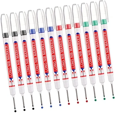 Image of UNOLIGA 12pcs Deep Hole Marker Pens, Tool, Carpenters Pen, 20mm Long Tip Permanent Marker, Reach Pen for Marking of Hard to Areas (Black Blue Red Green)