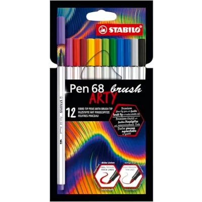 Image of Premium Fibre Tip Pen with brush STABILO 68 ARTY Pack of 12 Assorted Colours