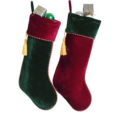 Image of SORRENTO New arrvial Set of 2 pcs Green&amp; Red Velvet Stocking with tassel decoration Christmas stocking(7 10 DAYS DELIVERY)