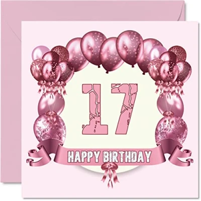 Image of Fun 17th Birthday Cards for Girls Balloons Happy Card Son Daughter Brother Sister Grandson Granddaughter Niece Nephew Cousin, 145mm x Greeting Cards,