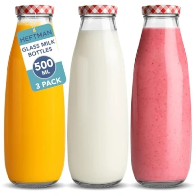 Image of HEFTMAN Glass Milk Bottles with Lids Empty 500ml Set of 3 Airtight Bottle Red Gingham for Beverages, Drinks &amp; Décor Retro Juice Weddings, BBQ&#039;s Picnics