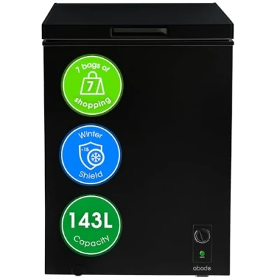 Image of Abode Freestanding Black Chest Freezer 142L with Removable Wire Basket &amp; Counter Balance Lid, Adjustable Thermostat, Suitable for Garages Outbuildings A142CF0E1B (Black, 143 Litre)