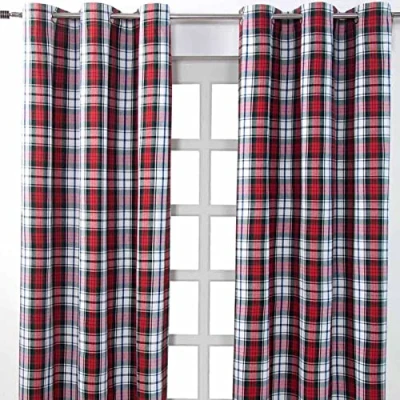 Image of HOMESCAPES Pair of 100% Cotton Curtains Macduff Tartan Check Red Green White 137 x Drop 182 cm 72 Inch Eyelet Ring Top Hand Woven Heavy Not Lined