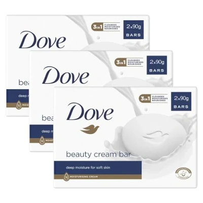 Image of Dove Orginal Beauty Cream Bar 3 in 1 Cleanses, Moisturises and Nourishes Sulphate Free Bath Soap for Soft Smooth Skin, Suitable Daily Use 2x90g, Pack