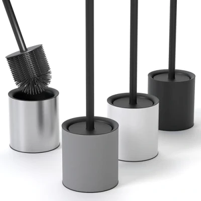 Image of SAVEGA Silicone Stainless Steel Toilet Brush Antibacterial with Stylish Holder Design Splash Guard (Grey)