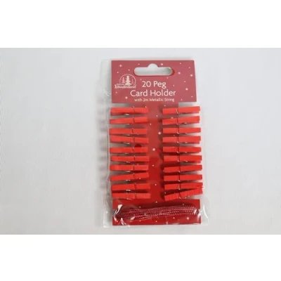 Image of SKYTE® 20 x Christmas Gold, Silver Or Red Card Holder Mini Wooden Pegs With 2m Metallic String Festive Colours Decoration (Red)