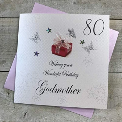 Image of white cotton cards 80 Wishing you a Wonderful Godmother Handmade 80th Birthday Card, White, bdp80 Godm