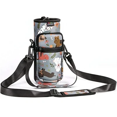 Image of Nuovoware Water Bottle Carrier Bag, 25oz/32oz Pouch Holder, Adjustable Shoulder Hand Strap 2 Pocket Sling Neoprene Sleeve Sports Accessories for Hiking Travelling Camp, Gray Puppy