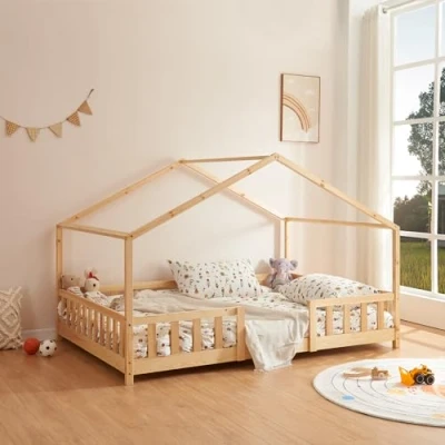 Image of [en.casa] Treviolo children&#039;s bed House 140 x 200 cm wooden for children with fall out protection frame slatted Play pine wood colours
