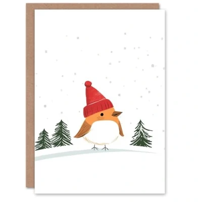 Image of Wee Blue Coo Greeting Card Robin Bird Wearing Winter Hat Snowy Landscape Blank For Him Or Her Art Xmas Christmas