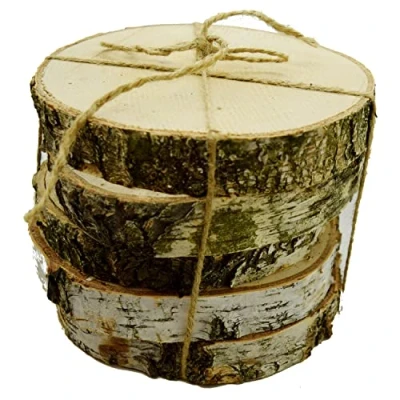Image of Pack of 5 Decorative Natural Wood Log Slices with Jute Cord (Diameter: 20 cm Approx. / Thickness: 3 Approx.)