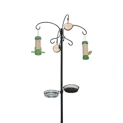 Image of Wild Bird Feeders Hanging Station Premium Feeder Hanger with Eight Hooks, Free Standing Metal Pole for Gardens and Outdoor Use, Includes Water Bowl Feeding Tray (Black) (2.2m x 25mm) RSPB