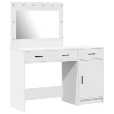Image of vidaXL white mdf dressing table/vanity set with mirror &amp; drawers modern elegant bedroom furniture hollywood led lighting