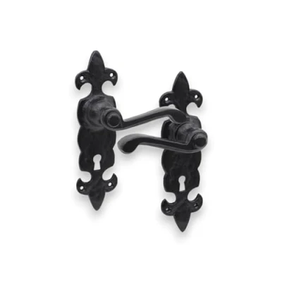 Image of Infinity Decor Traditional Cast Iron Black Fleur De LYS Lever Lock Backplate Door Handle Pair Rustic Design Set for Internal and External Use
