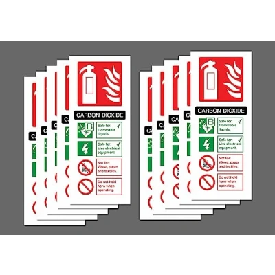 Image of Carbon Dioxide (CO2) Fire Extinguisher ID Safety sign 200mm x 80mm (Pack of 10 stickers) Self Adhesive Stickers