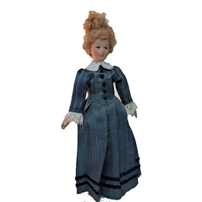 Image of Melody Jane Dolls House Victorian Lady Striped Dress Miniature People Porcelain