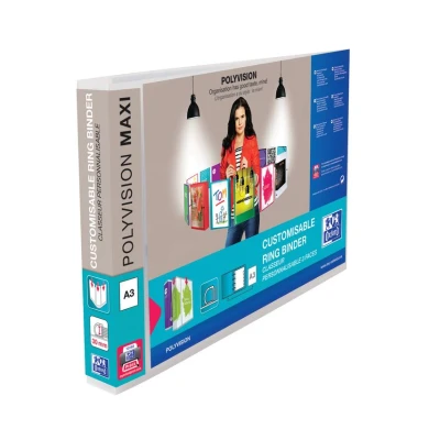 Image of Oxford A3 4 D Ring Binder, 30mm capacity 45mm spine, Presentation Folder with Customisable Cover, Landscape, White (Single)