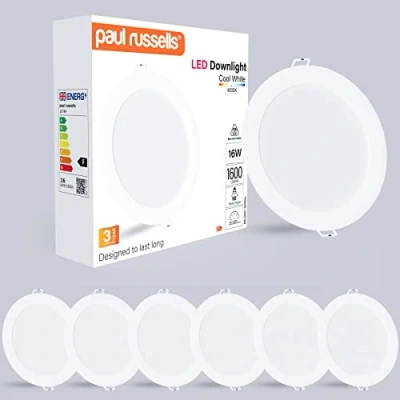 Image of paul russells LED Ceiling Downlights, 16W Slim Recessed Bathroom Kitchen Ceilings, 1600 Lumens, 4000K Cool/Natural White, Cutout Ø145 155mm, Round Non Dimmable Panel Spotlights, 6 Packs