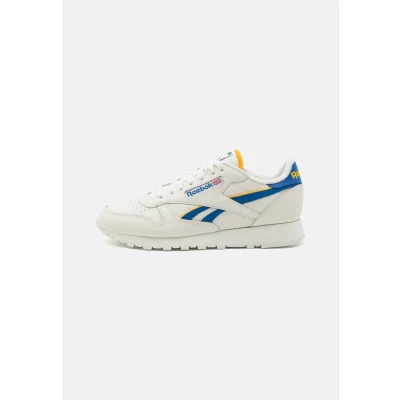 Image of Reebok Women&#039;s Classic Leather Sneaker, Chalk Vector Blue Collegiate Gold, 4.5 UK