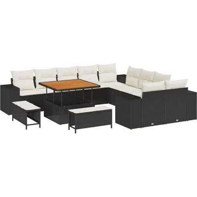 Image of vidaXL 13 Piece Garden Sofa Set with Cushions Black Poly Rattan Acacia