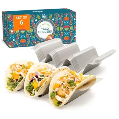 Image of Chef Tacos Stainless Steel Taco Holder Set of 6 Stand with Handles, Dishwasher and Grill Safe Rack, Serving Set, BPA Free Metal