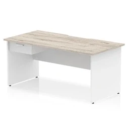 Image of Impulse 1600 x 800mm Scalloped Edge Straight Office Desk Grey Oak Top White Panel End Leg Workstation 1 Drawer Fixed Pedestal
