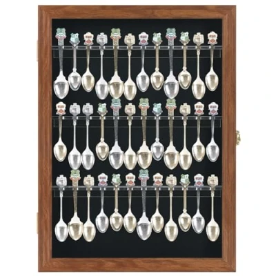 Image of 36 Souvenir Tea Spoon Solid Wood Display Case Rack Cabinet with Glass Door Walnut Finish