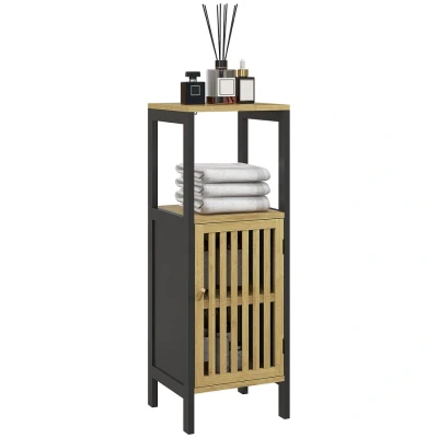 Image of HOMCOM Slim Bathroom Storage Cabinet, Small Bamboo Cabinet with Open Compartment and Adjustable Shelf, Black